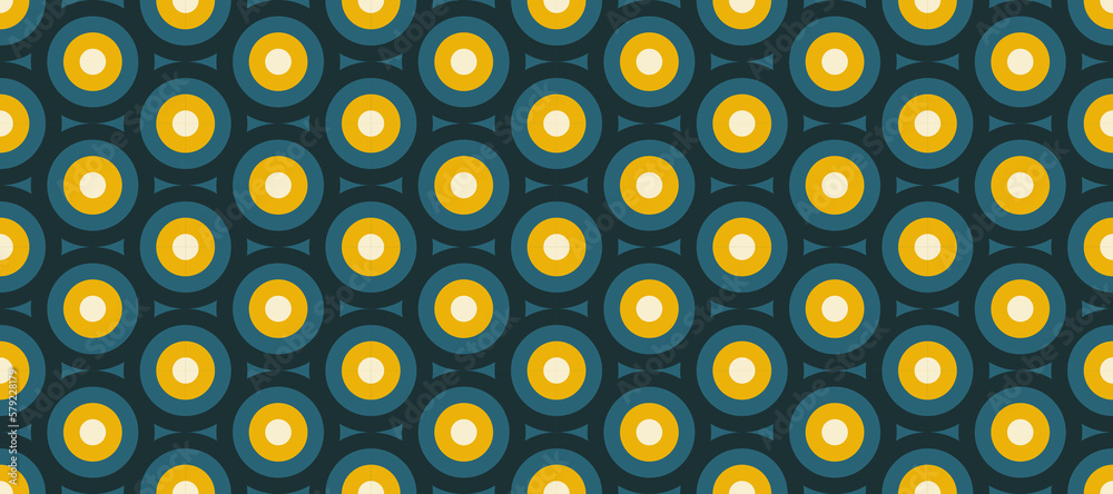 Poster Retro concentric circles seamless pattern. Vintage abstract geometric background in 70s or 80s style. Colourful fabric and textile design. Vector wallpaper. 