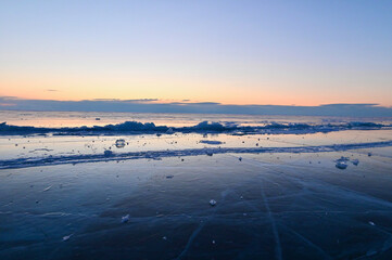 Frozen Baikal Lake During Morning Twilight Near Cape Khoboy in Siberia, Russia