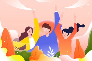 May 4th International Youth Day, young people happy celebrating together, background with building land and plants, vector illustration