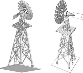 Vector sketch illustration of waterwheel tower for irrigation