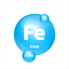 Ferrum (Fe) icon structure chemical element round shape circle light blue. Chemical element of periodic table Sign with atomic number. Study in science for education. 3D Illustration vector.