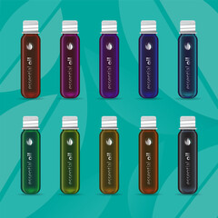 Set of realistic essential oil variant color glass bottle. Mock up bottle cosmetic or medical vial, flask, flacon 3d illustration for your design