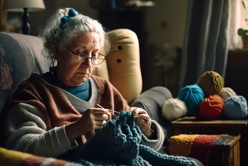 older woman knitting in her home with window light - obrazy, fototapety, plakaty