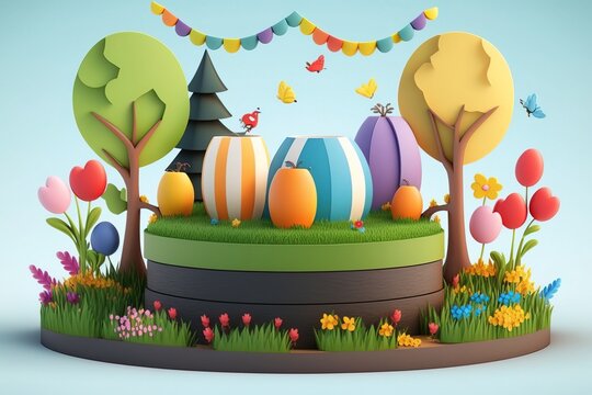 Happy easter day, 3d Easter eggs podium with geometry platform for product display. Stage showcase on pedestal display studio. Generative AI.
