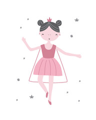 Children's illustration with a cute princess, hand drawn. Vector illustration for prints, postcards, clothes.