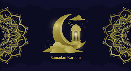 Islamic Background with Gold Theme of Half Moon, Lamp  and Mandala, Luxury Ramadan Kareem Poster Vector Illustration