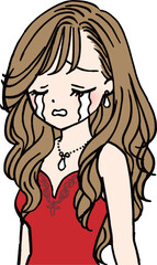 泣いている赤いドレスのキャバ嬢