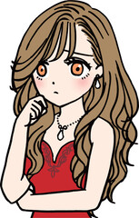 困っている赤いドレスのキャバ嬢