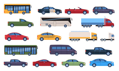Set of different vehicles. Stickers with cars, buses, delivery trucks, taxis and transport for passengers. Cars for driving on urban roads. Cartoon flat vector collection isolated on white background