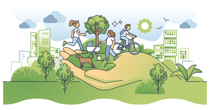 Community health and active lifestyle for social wellness outline concept. Sport exercise and activities for healthy living in urban environment vector illustration. Outdoor walking instead of car.