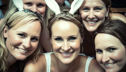 Naklejka premium Easter Joy Caucasian White Women Dressed Up Bunny Ears Smiling Celebrating Holiday with Joy, Happiness generative AI