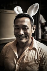 Easter Joy Asian Man Dressed Up Bunny Ears Smiling Celebrating Holiday with Joy, Happiness generative AI