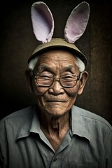 Easter Joy Asian Elderly Man Dressed Up Bunny Ears Smiling Celebrating Holiday with Joy, Happiness generative AI