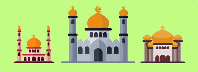 Ramadan Kareem, mosque illustration in isolated 2d vector style, modern islamic architecture, crescent moon. mosque assets. suitable for infographics, greeting cards, posters, stickers.