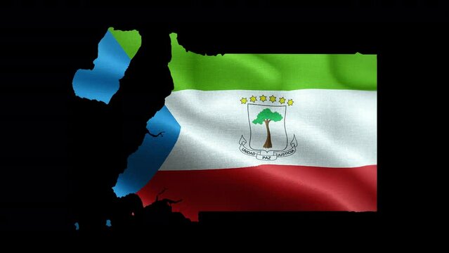 4K waving national flag of Equatorial Guinea on the map. With alpha channel seamless Equatorial Guinean flag on territory. Outline geographic country border of Equatorial Guinea stock video.