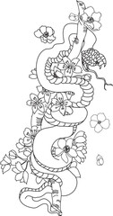 red snake vector and Cherry flower spring season vector illustration background.Poster design Red snake Reptile and Sakura flower for printing and tattoo.
