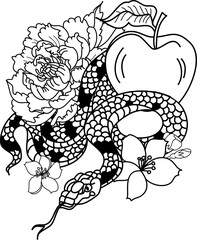 Gold snake tattoo and illustration design with Sakura branch.red snake with apple fruit and Cherry flower spring season vector illustration background.Poster design snake Reptile and hibiscus flower