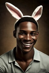 Easter Joy African American Black Man Dressed Up Bunny Ears Smiling Celebrating Holiday with Joy, Happiness generative AI