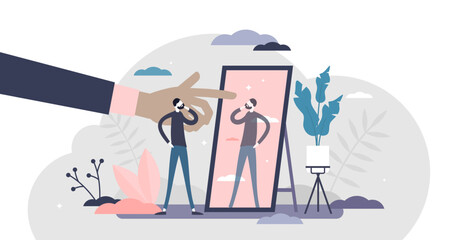 Self absorption concept, flat tiny person illustration, transparent background. Relationships with self image and personal analysis. Reflection thoughts on life attitude and personality traits. - obrazy, fototapety, plakaty