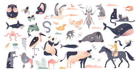 Animals set with various wildlife mammal species collection tiny person concept, transparent background. Bundle with wild zoo characters in nature jungle or safari illustration. - obrazy, fototapety, plakaty
