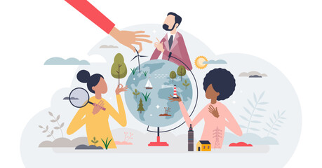 Environmental friendly community and social cooperation for nature protection tiny person concept, transparent background. Ecological lifestyle to protect planet and be responsible.