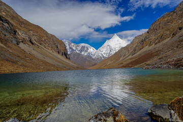 A view of Jichu Drakey mountain with reflection in a lake