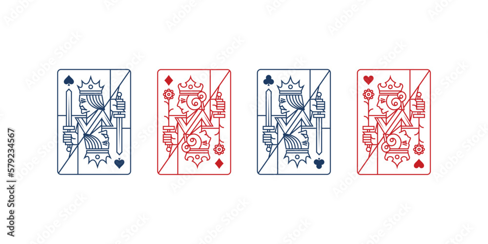 Wall mural set of king and queen playing card hearts, spade, diamond and club, royal cards vector design illust