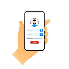 Smartphone with login form and password page form on screen. Account login, user authorization. Username and password. Vector illustration.