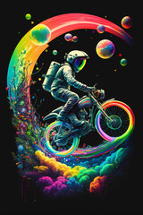 Astronaut Riding a Bicycle in space Surrounded by Lush Plants, Colorful AI-Generated Art