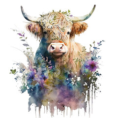 Cute Highland cattle cow watercolor beautiful floral