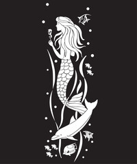 Mermaid silhouette, fish, dolphin, bubbles and seahorse vector illustration. Mermaid or siren with long hair. Doodle vector illustration. Coloring book page, icon, emblem or print. Cartoon character