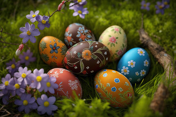 Easter eggs have many beautiful colors in the garden and flower. Celebration concept happy easter day. eggs on Easter day. Generative AI.