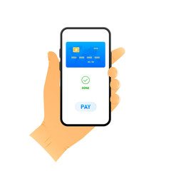 Pay Online with card. Smartphone with online payment on screen. Bring your phone to pay. Web banner. Vector illustration.