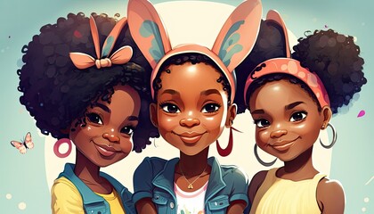 Easter Cartoon African American Black Kids Girls Dressed Up Bunny Ears Smiling Celebrating Holiday Joy Happiness (generative AI)