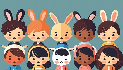 Easter Cartoon Asian Kids Boys and Girls Dressed Up Bunny Ears Smiling Celebrating Holiday Joy Happiness (generative AI)