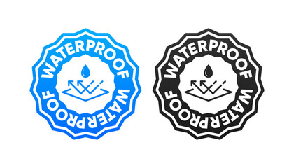 Waterproof stamps. Water resistant icons for package. Water drop protection concept. Logo isolated on white background. Vector illustration.
