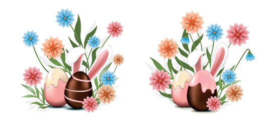 Chocolate eggs, Easter Bunny hidden in flowers. Easter design elements for greeting cards, prints, banners, etc. 