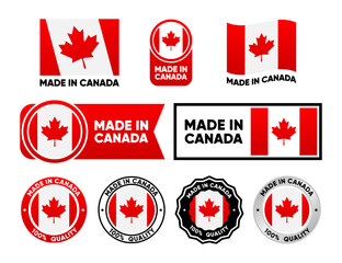 Made in Canada label collection. Set of flat isolated stamp made in Canada. 100 percent quality. Quality assurance concept. Vector illustration.