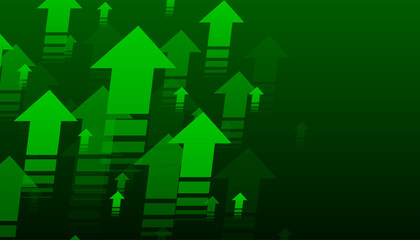 Up trend with arrows on dark green background. Stock exchange concept. Profit or loss of the trader. Uptrend abstract concept. A group of digital green arrows pointing. Vector illustration.