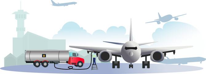 Refueling of the aircraft at the airport vector illustration, refuel an airplane at the airport, The process of refueling passenger aircraft at the airport, airport activity - obrazy, fototapety, plakaty