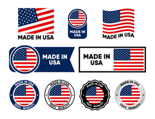 Made in USA label collection. Set of flat isolated stamp made in USA. 100 percent quality. Quality assurance concept. Vector illustration.