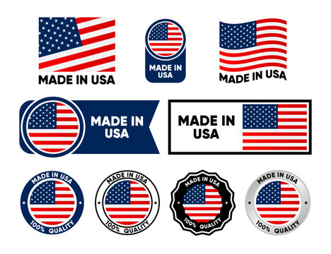 Made in USA label collection. Set of flat isolated stamp made in USA. 100 percent quality. Quality assurance concept. Vector illustration.