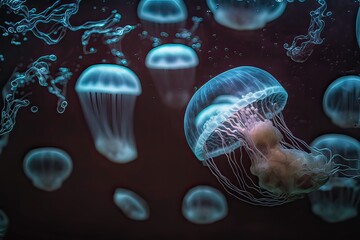 Jellyfish in dark tank closeup abstract. Photo generative AI