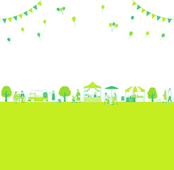 緑の木々とマルシェで賑わう人々の背景素材　風景