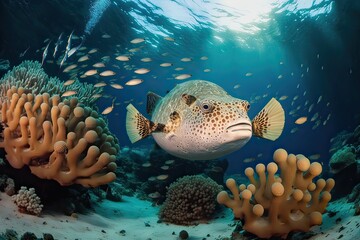 Naklejka na ściany i meble Underwater Photo: Masked Pufferfish & Cleaner Wrasse in Red Sea Reef. Photo generative AI