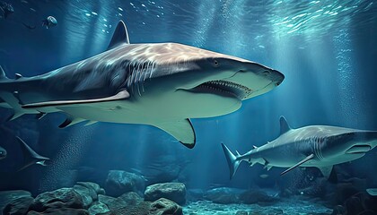 Fototapeta premium Underwater shot of swimming sharks. Photo generative AI
