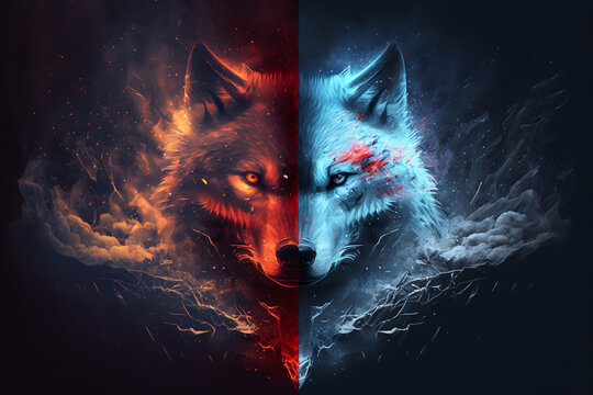 interconnected art of a half white wolf and half red wolf, 2 sided images, dark cinematic backdrop, fog and sparks and ice, trending on artstation, digital art