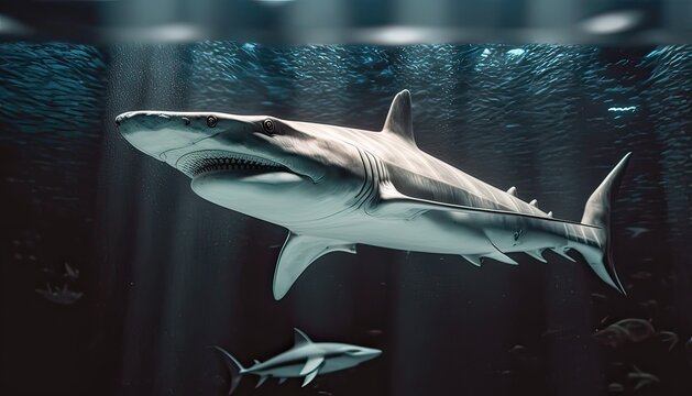 White Shark in Aquarium: Side View. Photo generative AI
