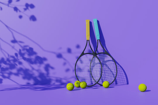 Tennis racket and tennis ball on purble background. 3d rendering