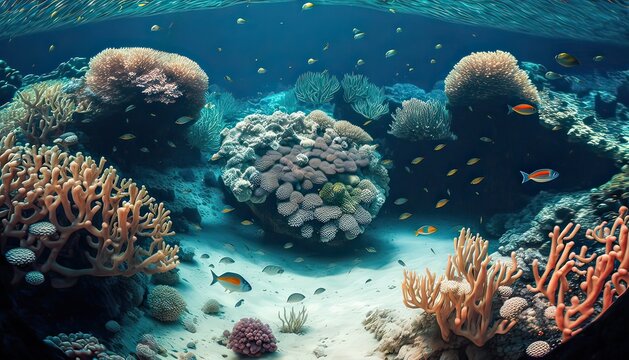 Coral reef beneath Red Sea waves. Photo generative AI